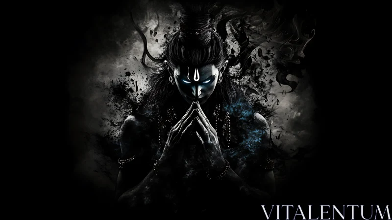 Monochrome meditative deity rendered with high contrast particle effects
