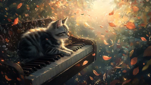 Feline Subject Playing Piano Keyboard in Autumn Foliage Setting.