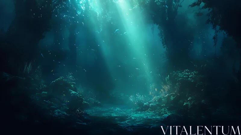 Sunlit underwater forest with corals and distant fish.