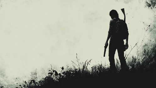 Silhouetted armed figure stands on grassy ridge in profile