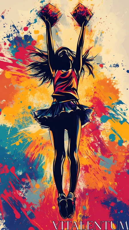 Silhouetted dancer leaps through explosive color splashes