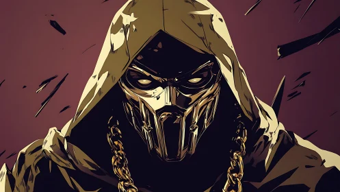 Hooded skeletal warrior with metallic mask and gold chain