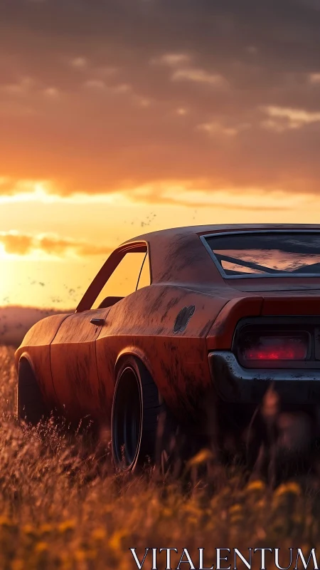 Rust-kissed muscle car lingers thoughtfully in molten sunset glow