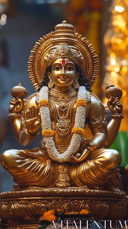 Golden Hindu deity sculpture with garlands in temple setting.