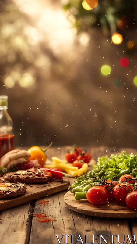 Rustic wooden table with grilled meat and fresh vegetables.