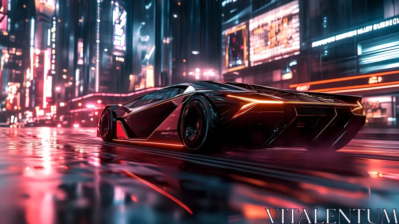 Neon-lit hypercar in wet cyberpunk megacity street at night