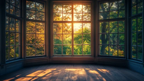 Sunlit forest view fills empty bay window interior