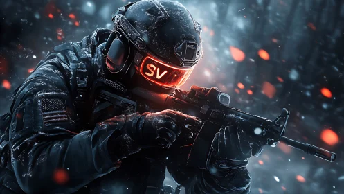 Tactical cyber soldier aims rifle amid neon snowstorm.