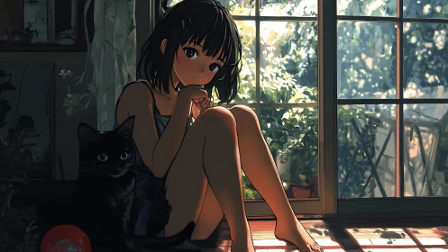 Sunlit anime girl and black cat rendered in warm rim light