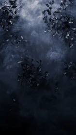 Midnight leaves drifting through soft silver mist.