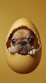Adorable puppy peeks out from a cracked golden egg shell