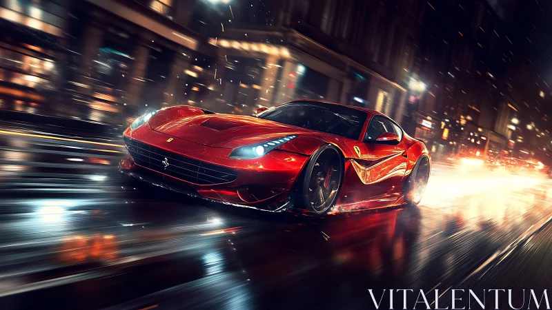 Red sports coupe moves through wet city street at speed