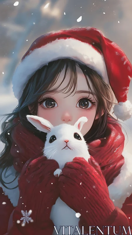 Girl in Santa hat holds white rabbit in falling snow