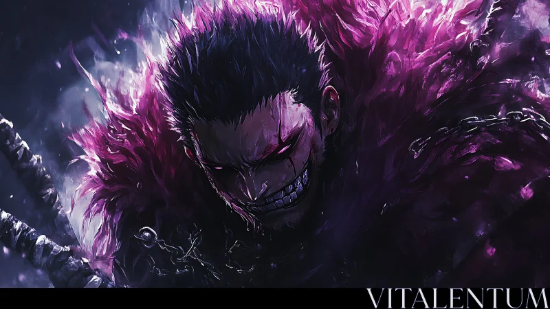 Dark warrior cloaked in vivid purple, charged with power.