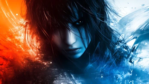 Elemental warrior portrait splits fire and ice realms.