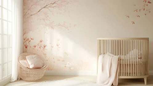 Scandinavian nursery interior with pastel floral mural wall treatment.