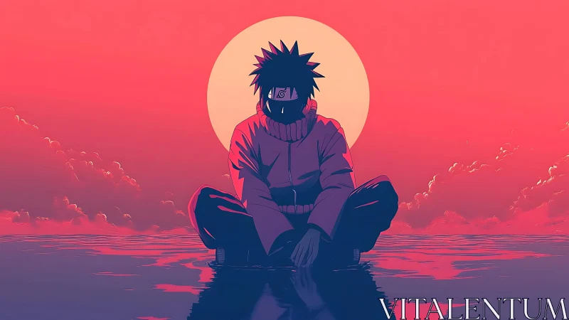 Solitary ninja meditating over neon sunset waterscape.