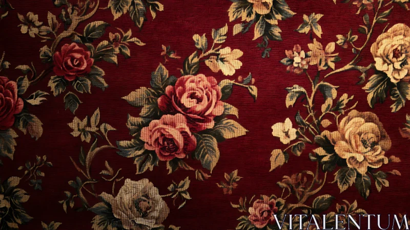 Floral tapestry pattern with roses on deep red background.
