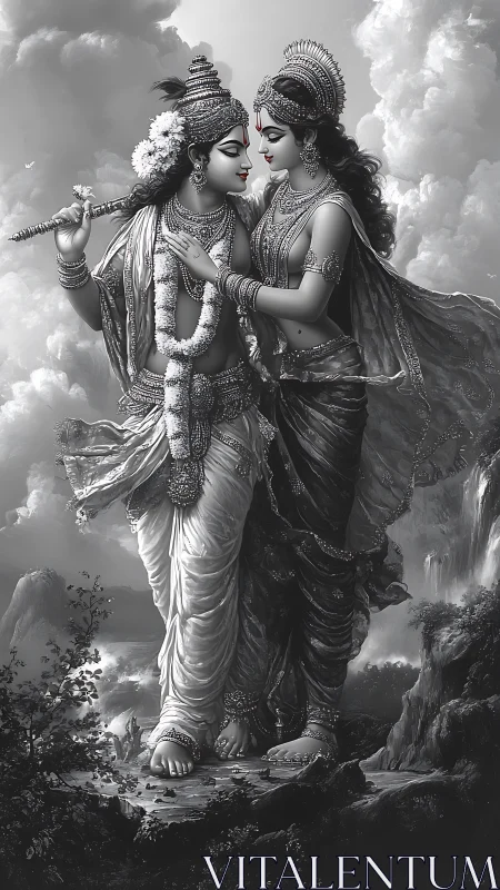 Monochromatic Classical Religious Figures in Ornate Attire and Landscape