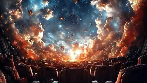 Cosmic cinema sky opens above rows of empty red seats