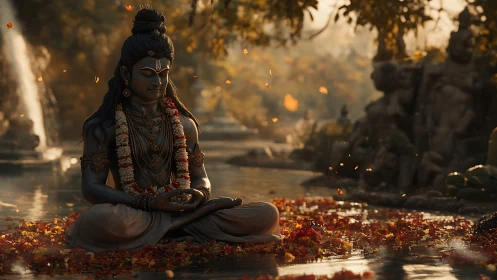 Serene river meditation of garlanded deity in ember dusk.