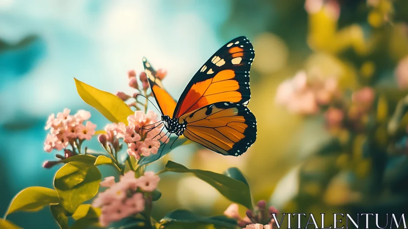 Orange butterfly on pink flowers in soft garden light.