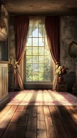 Sunlit vintage parlor welcomes morning through tall window