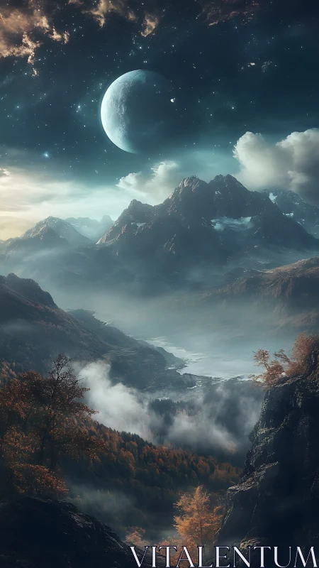 Epic extraterrestrial valley unfolds beneath a luminous crescent world