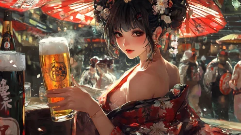 Festival night muse with crimson parasol and golden beer glow.