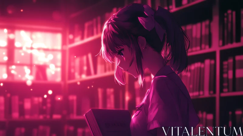 Solitary anime girl studies softly lit shelves in twilight library