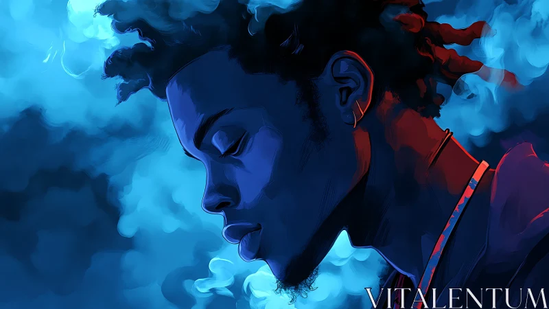 Blue smoke cradles a contemplative silhouette in quiet glow