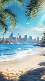 Urban Skyline Framed by Tropical Palms and Crystalline Waves