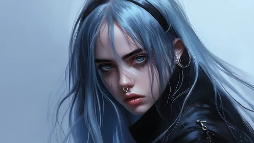 Stormy blue-haired girl gazes ahead with cool defiance