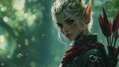 Elven archer in sunlit forest glade with quiet, watchful grace.