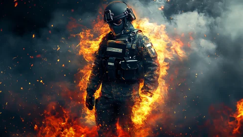 Tactical operator in full combat gear stands engulfed in flames