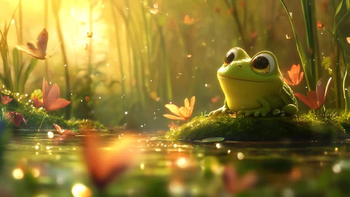 Whimsical green tree frog on mossy pond islet at golden hour