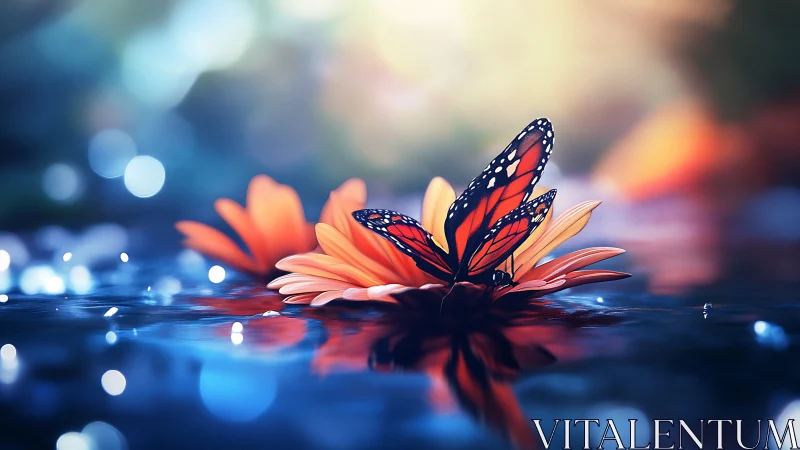 Monarch butterfly on orange daisy over reflective water surface.