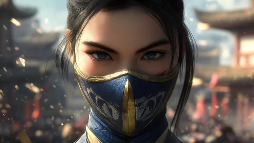 Masked warrior woman stares directly ahead in detailed close-up