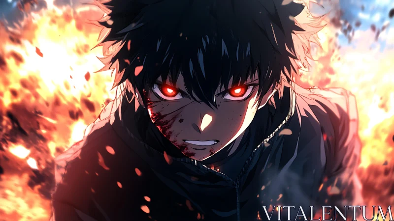 Vengeful anime boy with glowing red eyes walks through fire