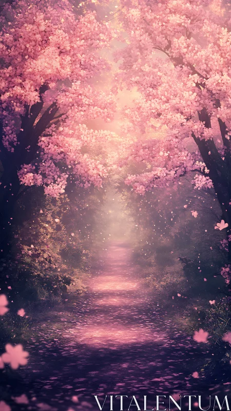Cherry tree path extends under dense pink blossom canopy