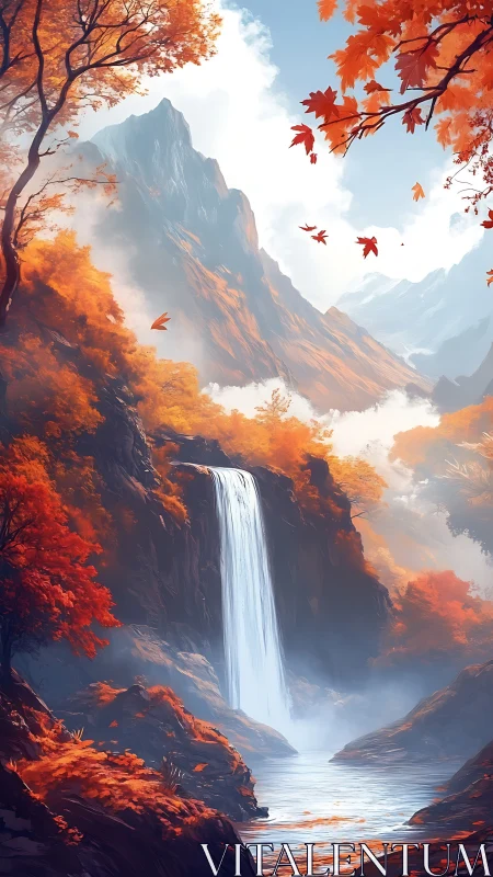 Vertical landscape shows waterfall amid autumn mountains