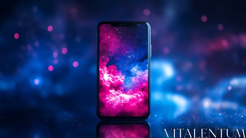 Smartphone stands upright displaying nebula style screen image