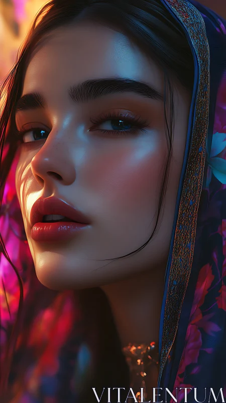 Close-up digital portrait of woman in patterned headscarf.