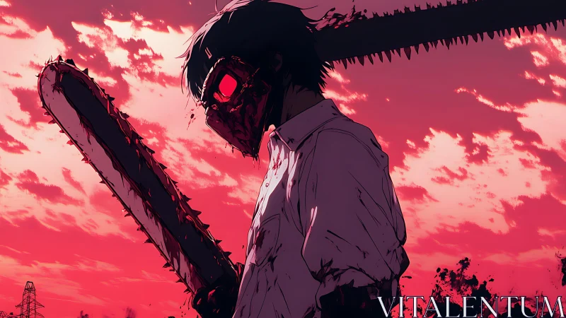 Chainsaw-headed drifter stalks through sunset-slashed sky