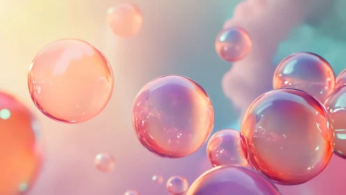 Translucent soap bubbles float in soft pastel colored light