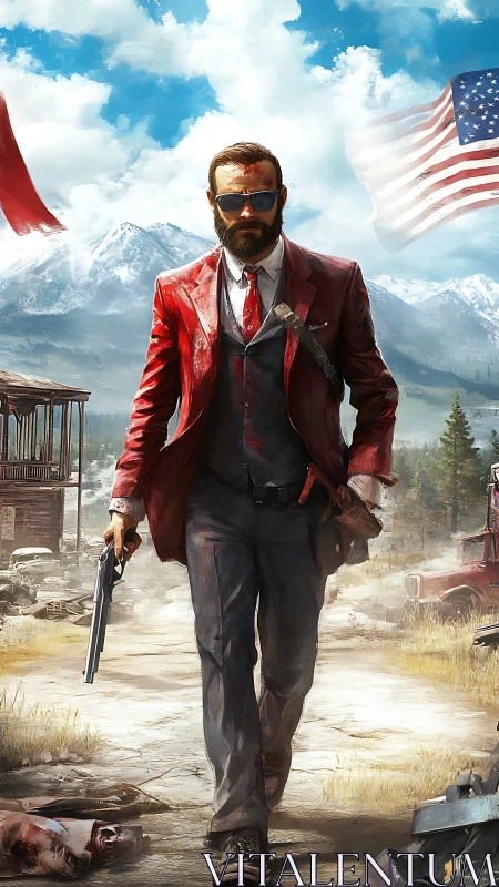 Bloodied enforcer strides through shattered rural battleground.