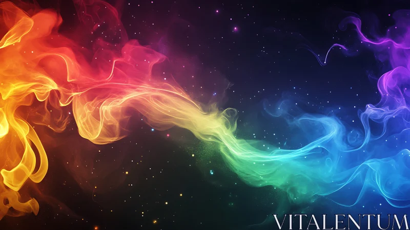 Chromatic smoke wave across dark starry background.