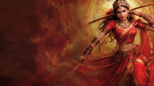 Warrior figure in red sari before circular golden backdrop.