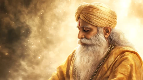 Golden sage in cosmic hush, wrapped in luminous serenity.