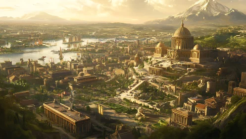 Expansive fantasy city with domed temple and river port.